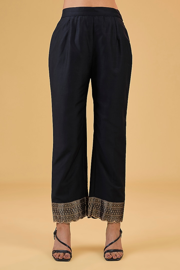 Black Vegan Silk Embroidered Kurta Set by Safaa at Pernia's Pop Up Shop