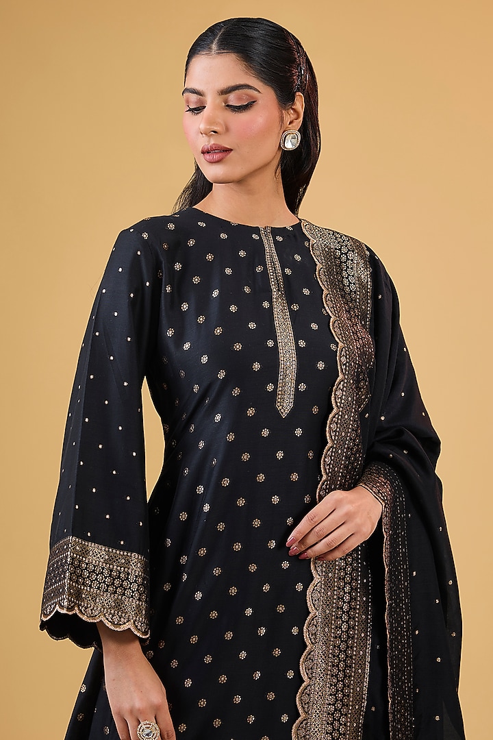 Black Vegan Silk Embroidered Kurta Set by Safaa at Pernia's Pop Up Shop