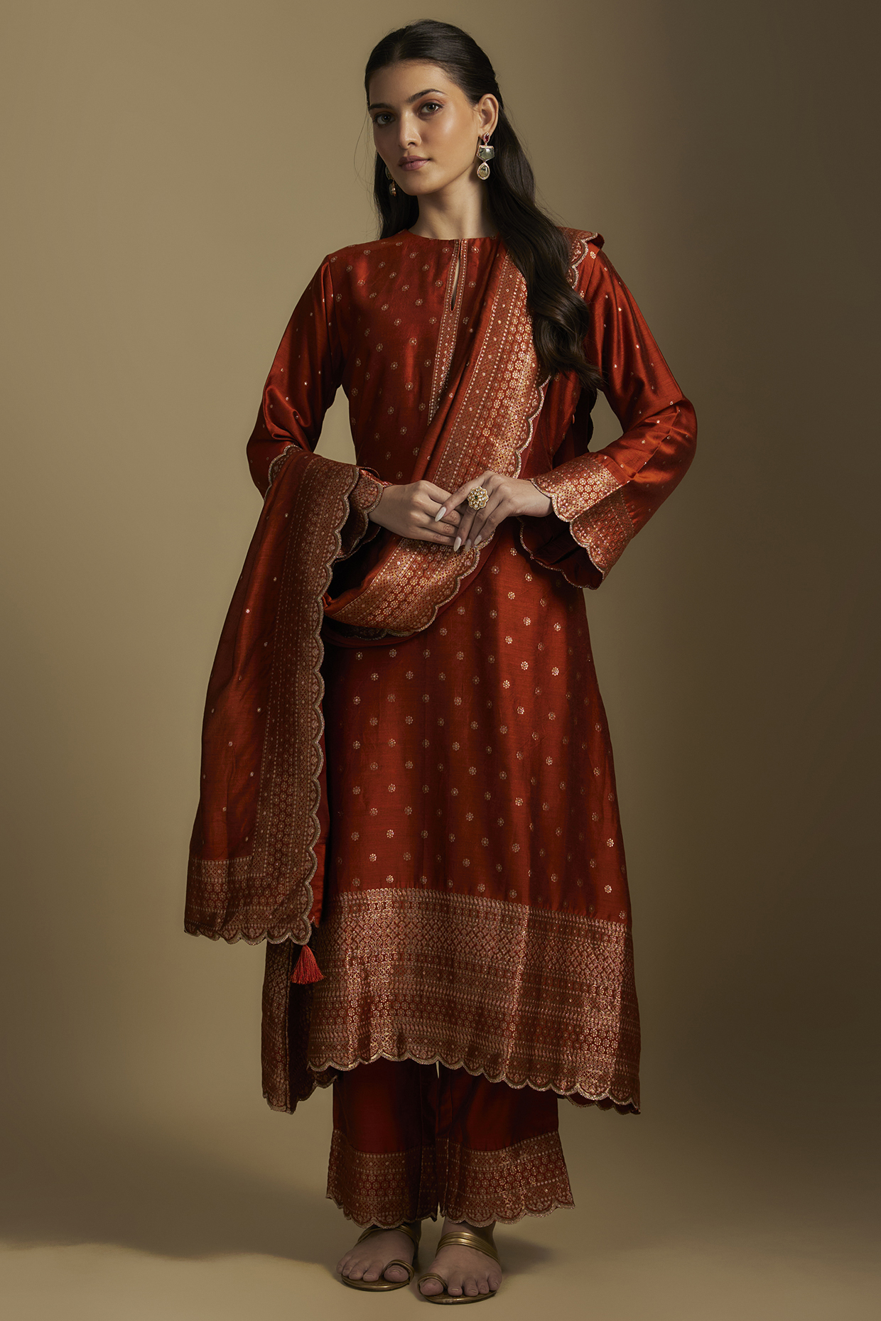 Rust Vegan Silk Kurta Set by Safaa at Pernia's Pop Up Shop