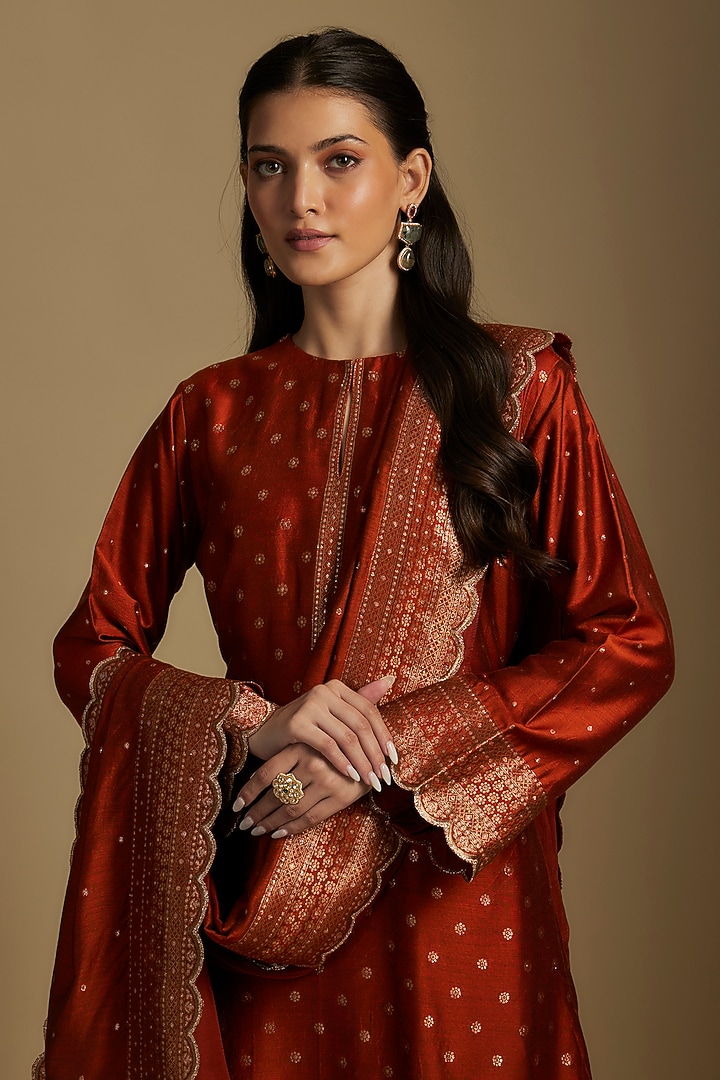 Rust Vegan Silk Kurta Set by Safaa at Pernia's Pop Up Shop