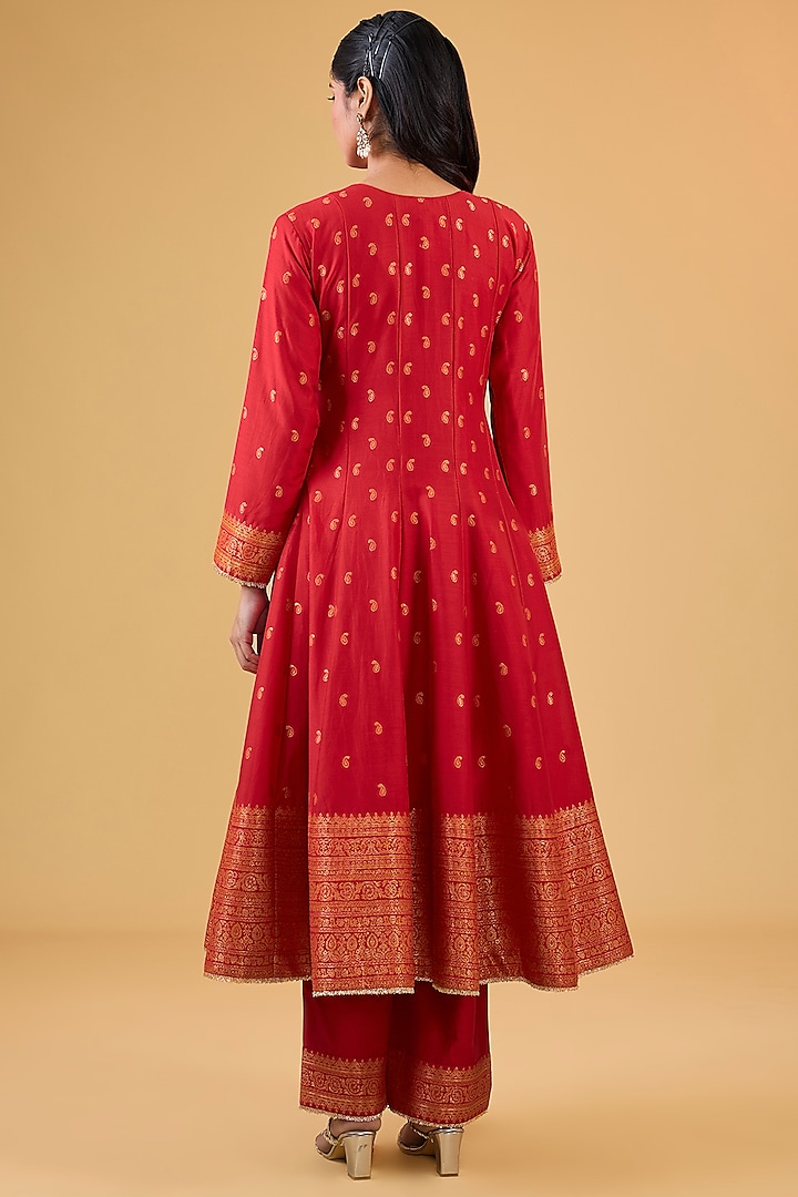 Red Vegan Silk Embroidered Wedding Anarkali Set by Safaa at Pernia's Pop Up Shop