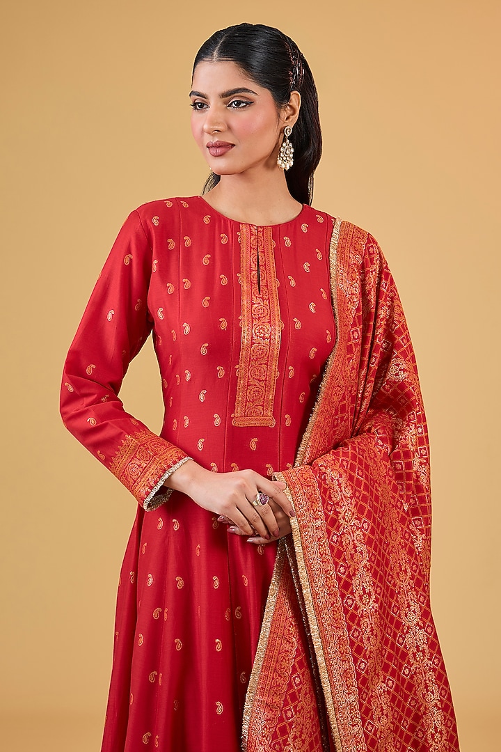 Red Vegan Silk Embroidered Wedding Anarkali Set by Safaa at Pernia's Pop Up Shop