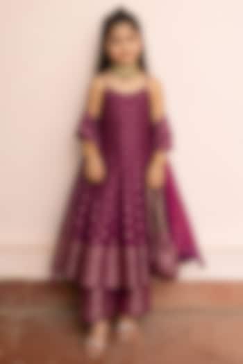 Magenta Vegan Silk Zari Embroidered Anarkali Set For Girls by Safaa Kids at Pernia's Pop Up Shop