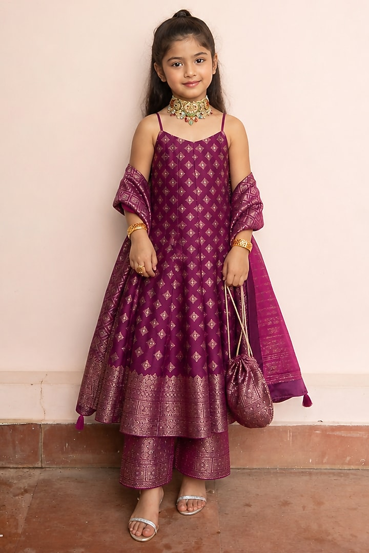 Magenta Vegan Silk Zari Embroidered Anarkali Set For Girls by Safaa Kids at Pernia's Pop Up Shop