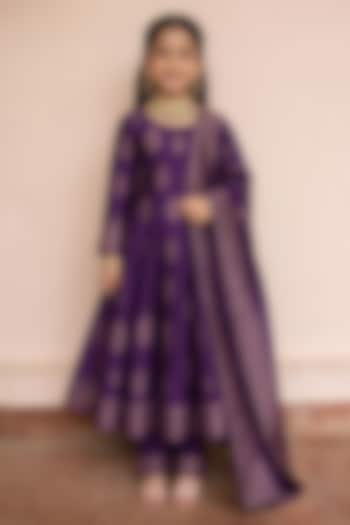 Purple Vegan Silk Zari Embroidered Anarkali Set For Girls by Safaa Kids at Pernia's Pop Up Shop