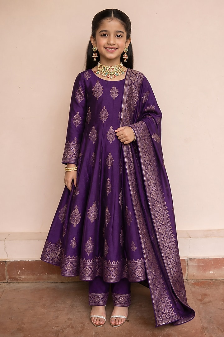 Purple Vegan Silk Zari Embroidered Anarkali Set For Girls by Safaa Kids at Pernia's Pop Up Shop