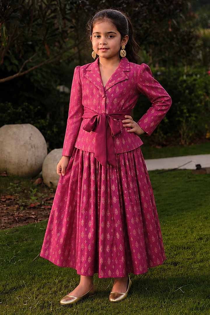Magenta Moonga Silk Motif Embroidered Skirt Set For Girls by Safaa Kids at Pernia's Pop Up Shop