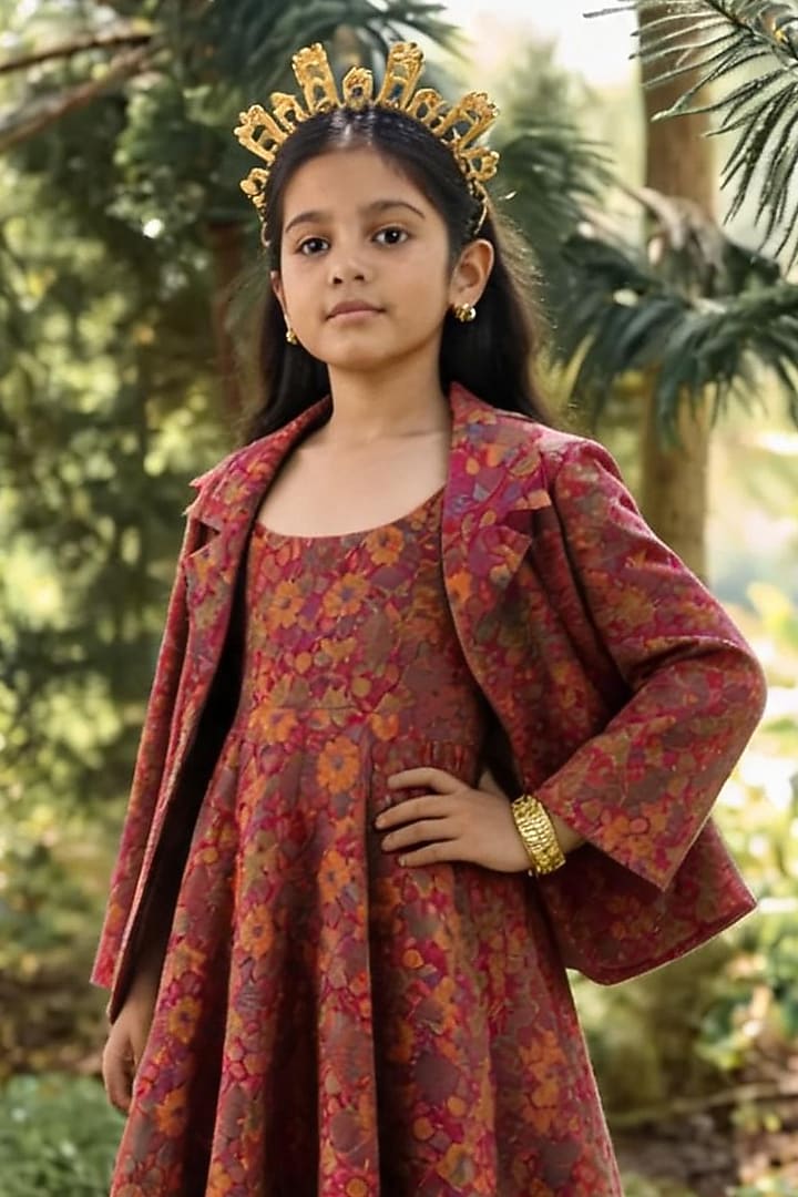 Magenta Moonga Silk Motif Embroidered Blazer Set For Girls by Safaa Kids at Pernia's Pop Up Shop