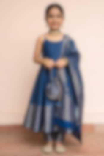 Ink Blue Vegan Silk Floral Embroidered Anarkali Set For Girls by Safaa Kids at Pernia's Pop Up Shop