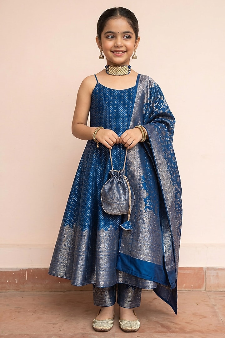 Ink Blue Vegan Silk Floral Embroidered Anarkali Set For Girls by Safaa Kids at Pernia's Pop Up Shop