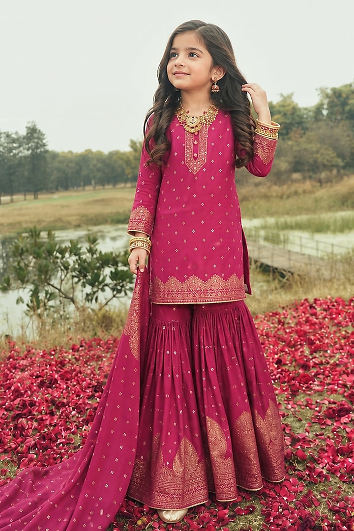 Magenta Vegan Silk Motif Embroidered Sharara Set For Girls by Safaa Kids at Pernia's Pop Up Shop