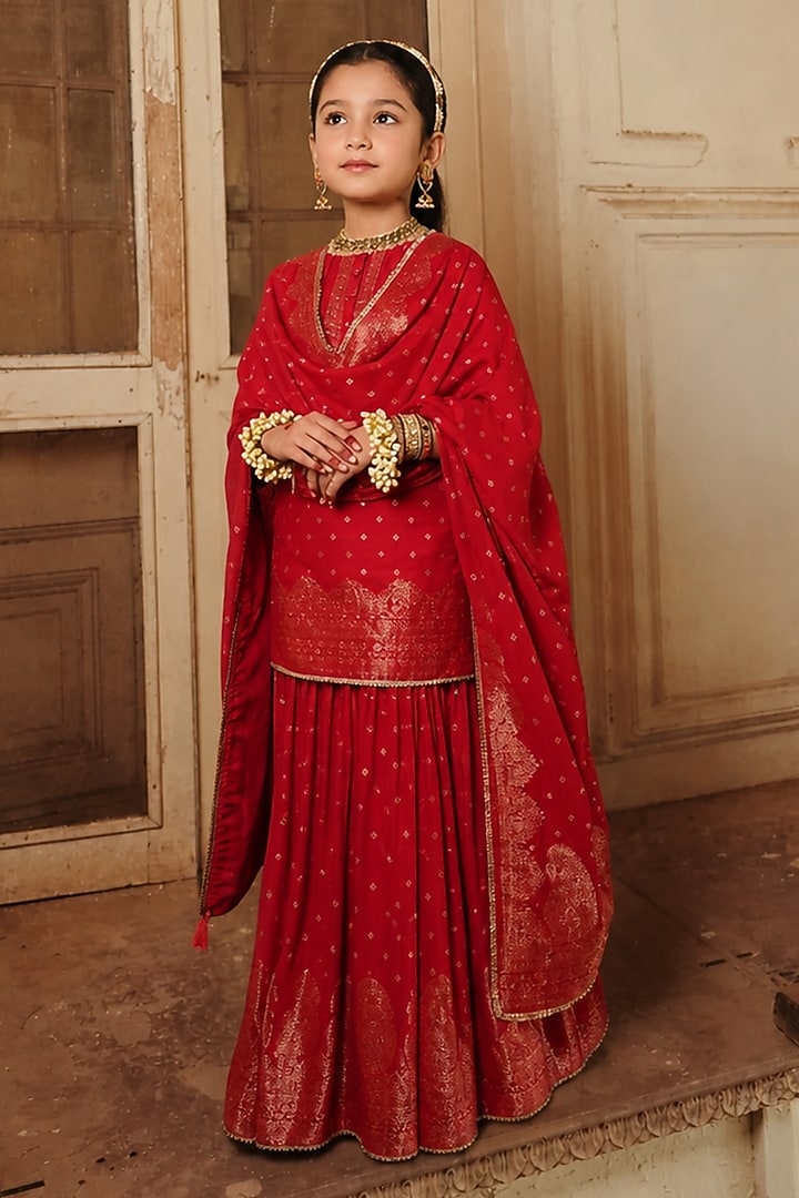Red Vegan Silk Motif Embroidered Gharara Set For Girls by Safaa Kids at Pernia's Pop Up Shop