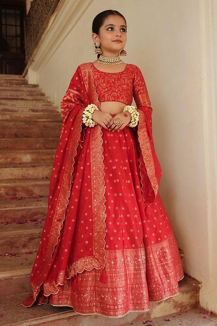 Red Vegan Silk Floral Boota Embroidered Lehenga Set For Girls by Safaa Kids at Pernia's Pop Up Shop
