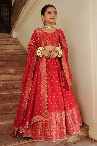 Red Vegan Silk Floral Boota Embroidered Lehenga Set For Girls by Safaa Kids