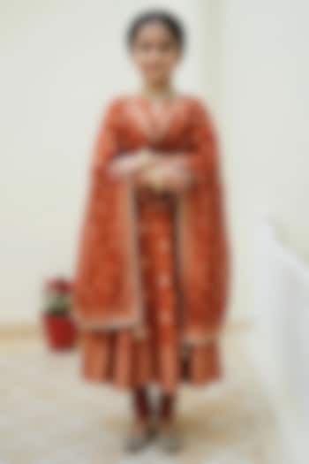 Rust Vegan Silk Motif Embroidered Anarkali Set For Girls by Safaa Kids at Pernia's Pop Up Shop