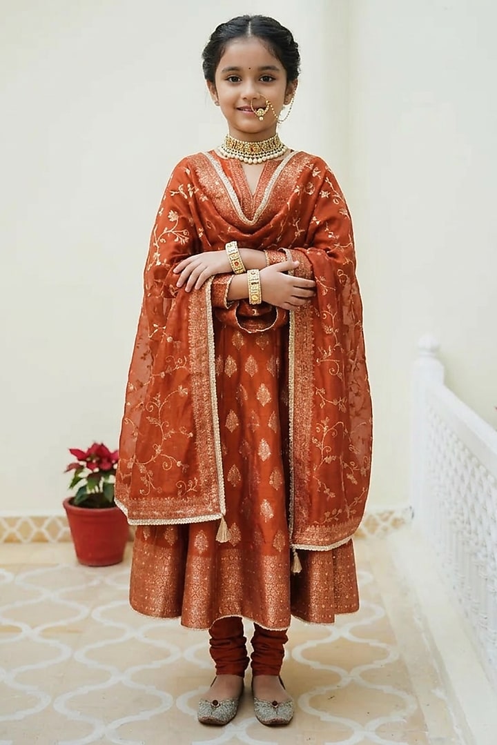 Rust Vegan Silk Motif Embroidered Anarkali Set For Girls by Safaa Kids at Pernia's Pop Up Shop