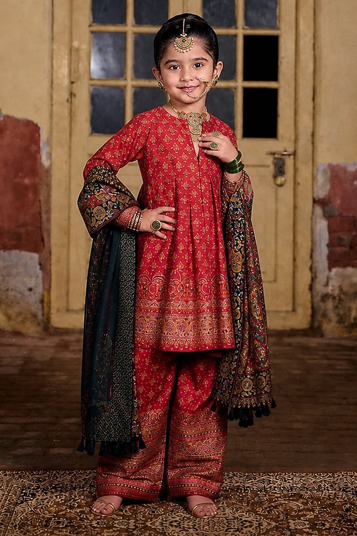 Red Moonga Silk Zari Embroidered Kurta Set For Girls by Safaa Kids at Pernia's Pop Up Shop