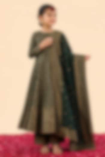 Bottle Green Vegan Silk Motif Embroidered Anarkali Set For Girls by Safaa Kids at Pernia's Pop Up Shop