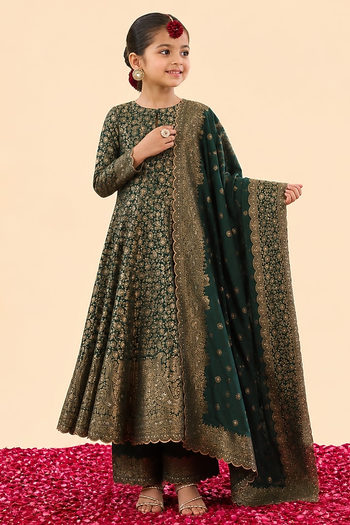 Bottle Green Vegan Silk Motif Embroidered Anarkali Set For Girls by Safaa Kids at Pernia's Pop Up Shop