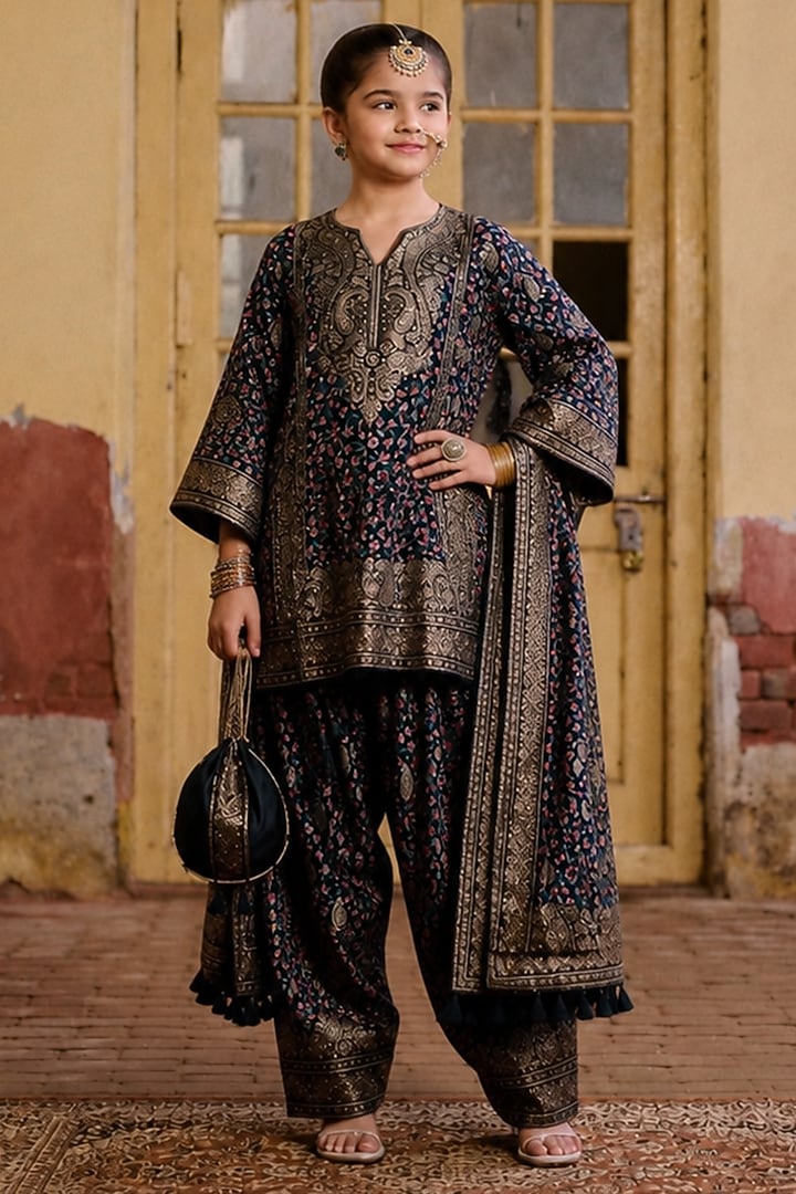 Navy Blue Moonga Silk Embroidered Kurta Set For Girls by Safaa Kids at Pernia's Pop Up Shop