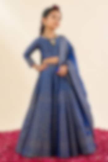 Ink Blue Vegan Silk Zari Gota Embroidered Lehenga Set For Girls by Safaa Kids at Pernia's Pop Up Shop