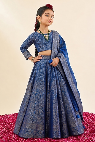 Ink Blue Vegan Silk Zari Gota Embroidered Lehenga Set For Girls by Safaa Kids