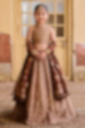 Brown Vegan Silk Zari Gota Embroidered Lehenga Set For Girls by Safaa Kids at Pernia's Pop Up Shop