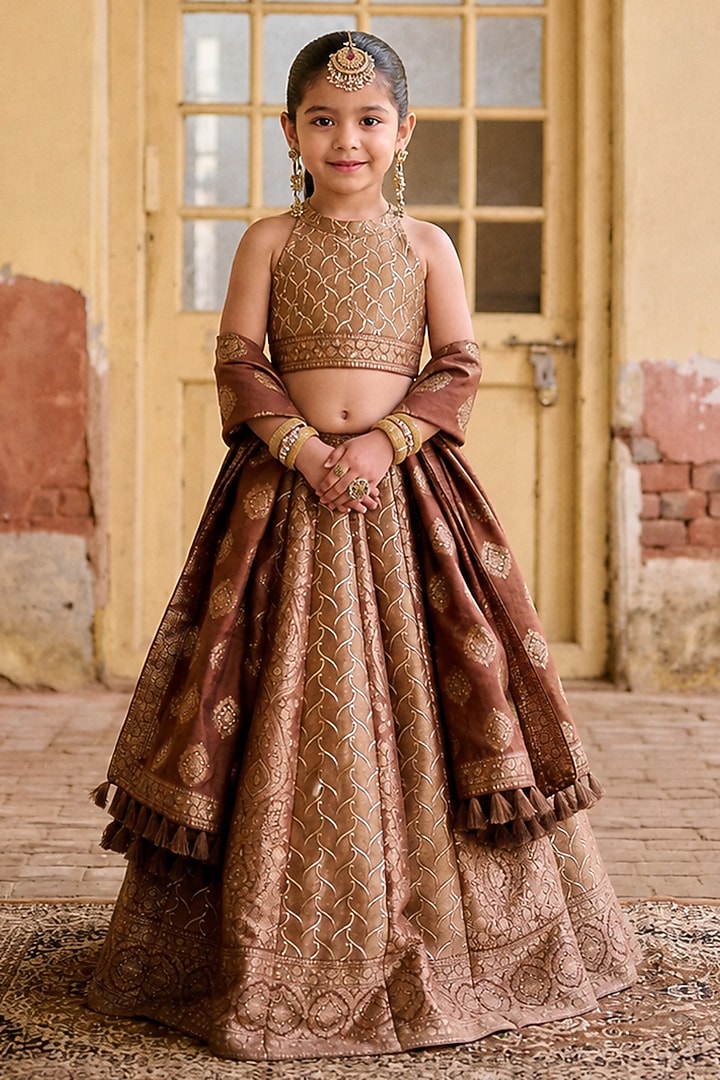 Brown Vegan Silk Zari Gota Embroidered Lehenga Set For Girls by Safaa Kids at Pernia's Pop Up Shop