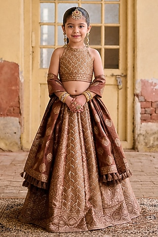 Brown Vegan Silk Zari Gota Embroidered Lehenga Set For Girls by Safaa Kids