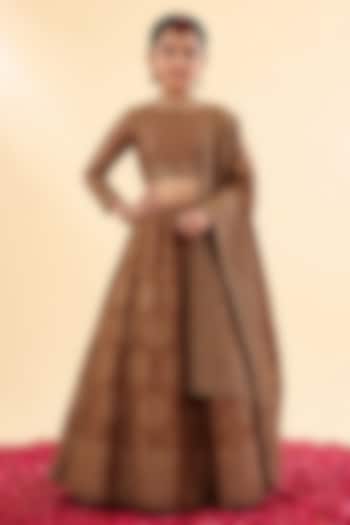 Brown Vegan Silk Bandhani Printed Lehenga Set For Girls by Safaa Kids at Pernia's Pop Up Shop