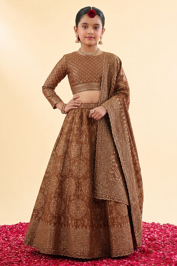 Brown Vegan Silk Bandhani Printed Lehenga Set For Girls by Safaa Kids at Pernia's Pop Up Shop