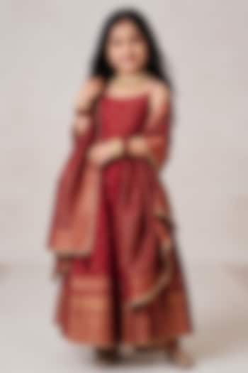 Maroon Vegan Silk Stripe Printed Anarkali Set For Girls by Safaa Kids at Pernia's Pop Up Shop