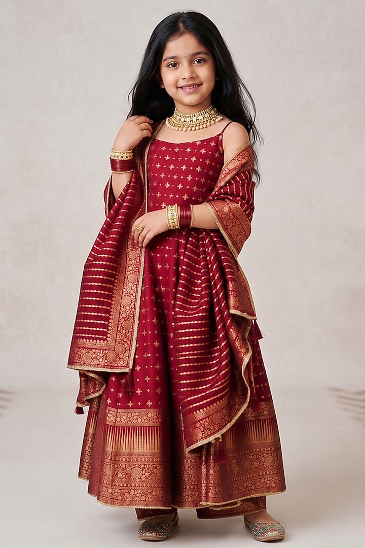 Maroon Vegan Silk Stripe Printed Anarkali Set For Girls by Safaa Kids at Pernia's Pop Up Shop