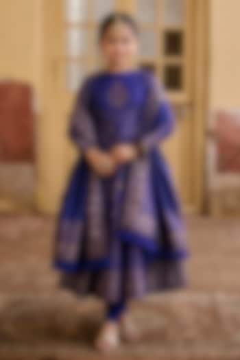 Indigo Blue Vegan Silk Zari Embroidered Anarkali Set For Girls by Safaa Kids at Pernia's Pop Up Shop
