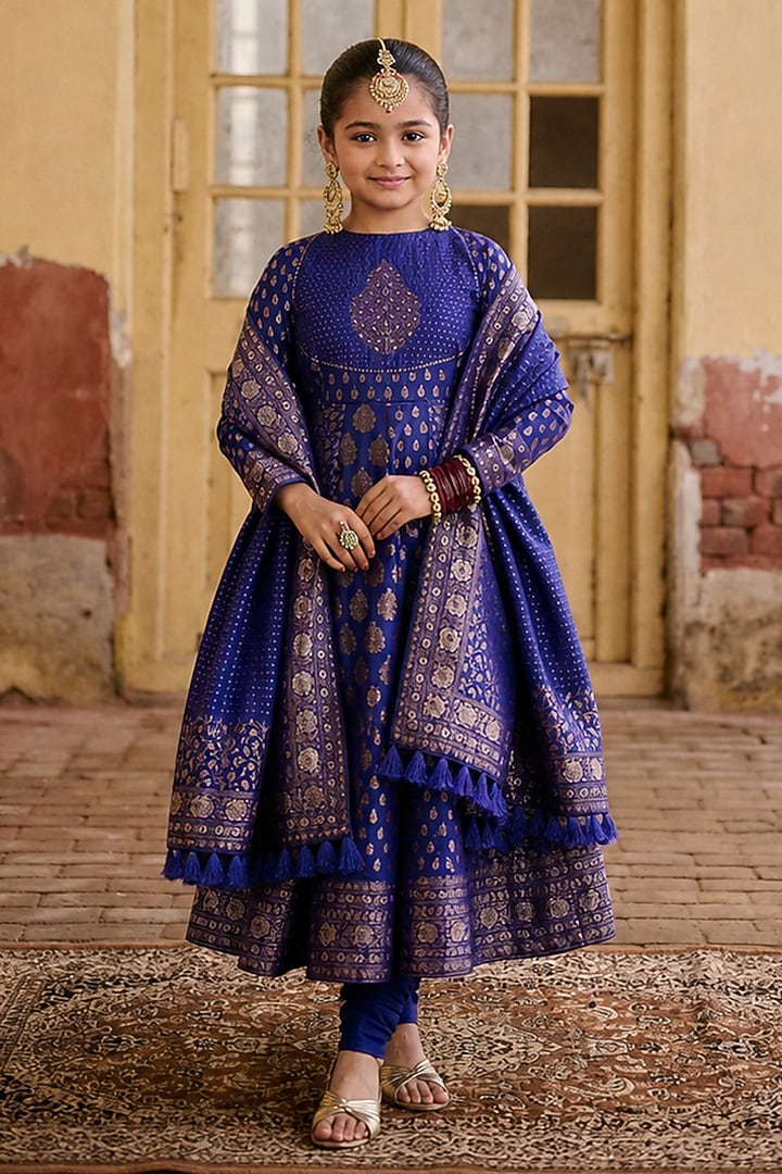 Indigo Blue Vegan Silk Zari Embroidered Anarkali Set For Girls by Safaa Kids at Pernia's Pop Up Shop