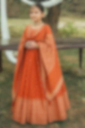 Rust Vegan Silk Floral Embroidered Lehenga Set For Girls by Safaa Kids at Pernia's Pop Up Shop