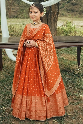 Rust Vegan Silk Floral Embroidered Lehenga Set For Girls by Safaa Kids