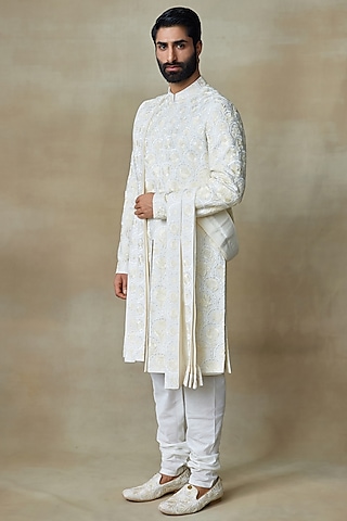 Ivory Silk Printed Sherwani by SHASHA GABA MEN