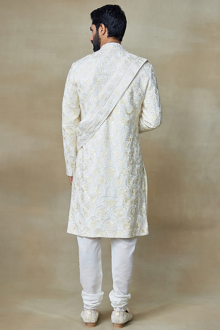 Ivory Silk Printed Groom Sherwani by SHASHA GABA MEN at Pernia's Pop Up Shop