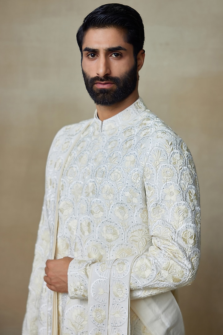 Ivory Silk Printed Groom Sherwani by SHASHA GABA MEN at Pernia's Pop Up Shop