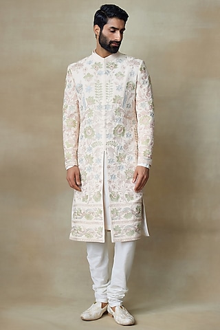 Pink Silk Printed & Embroidered Sherwani by SHASHA GABA MEN
