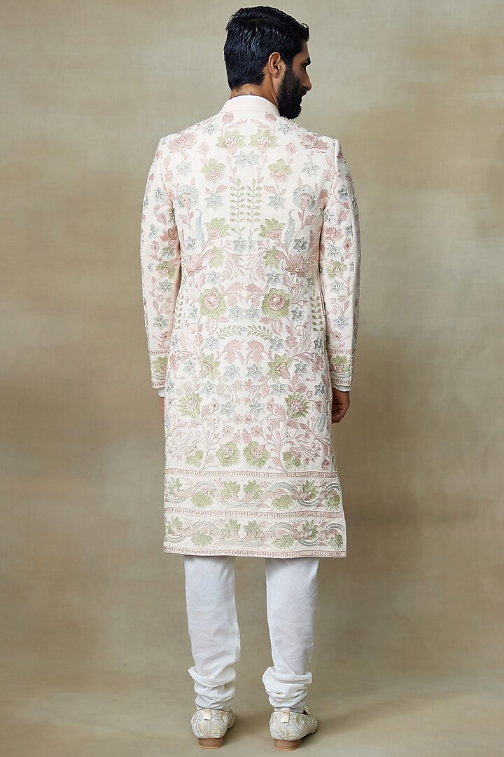 Pink Silk Printed & Embroidered Groom Sherwani by SHASHA GABA MEN at Pernia's Pop Up Shop
