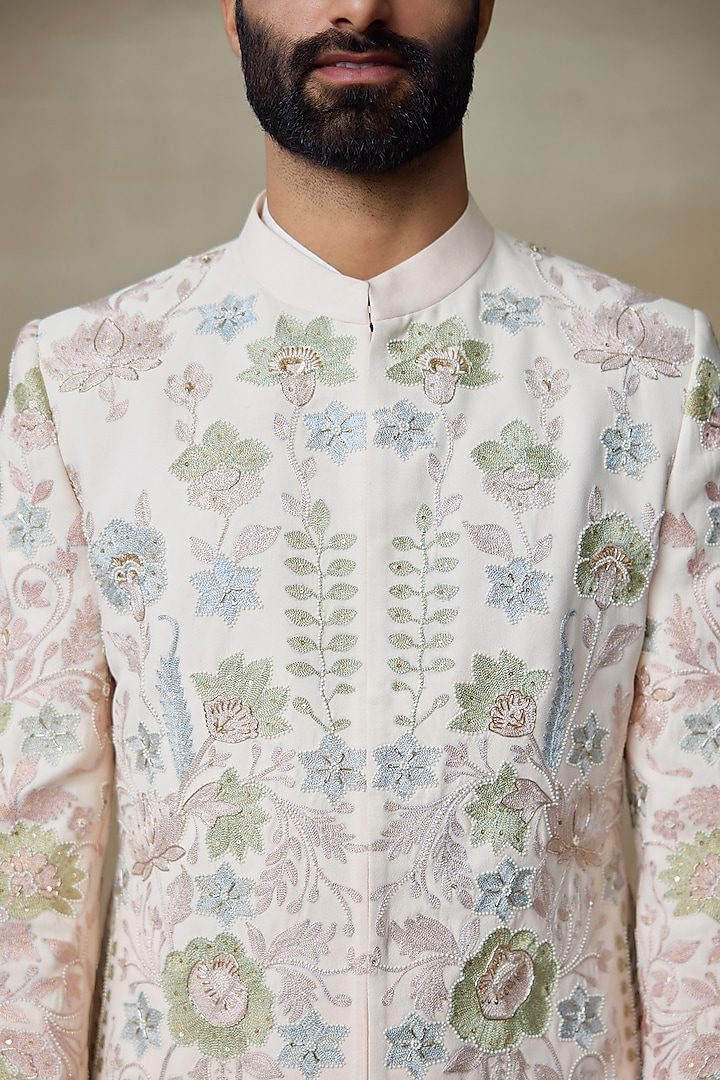 Pink Silk Printed & Embroidered Groom Sherwani by SHASHA GABA MEN at Pernia's Pop Up Shop