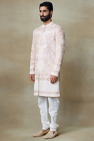 Pink Silk Printed & Embroidered Sherwani by SHASHA GABA MEN