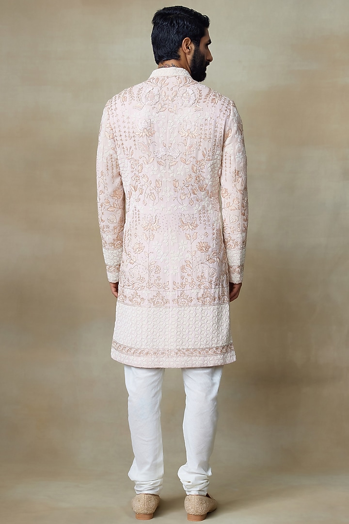 Pink Silk Printed & Embroidered Groom Sherwani by SHASHA GABA MEN at Pernia's Pop Up Shop