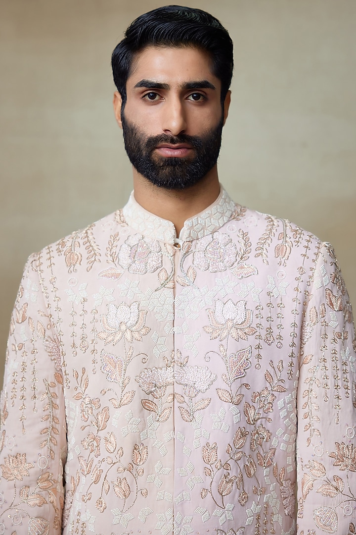 Pink Silk Printed & Embroidered Groom Sherwani by SHASHA GABA MEN at Pernia's Pop Up Shop