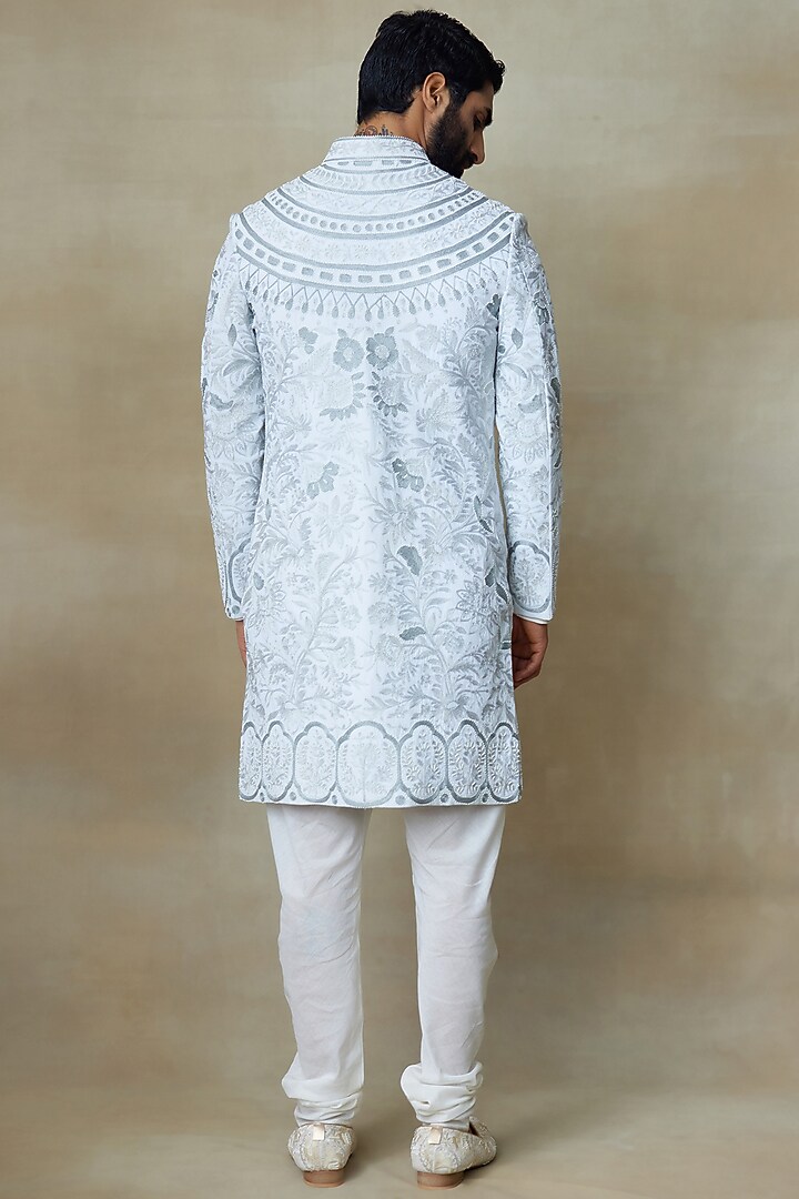 Icy Blue SIlk Printed & Embroidered Groom Sherwani by SHASHA GABA MEN at Pernia's Pop Up Shop