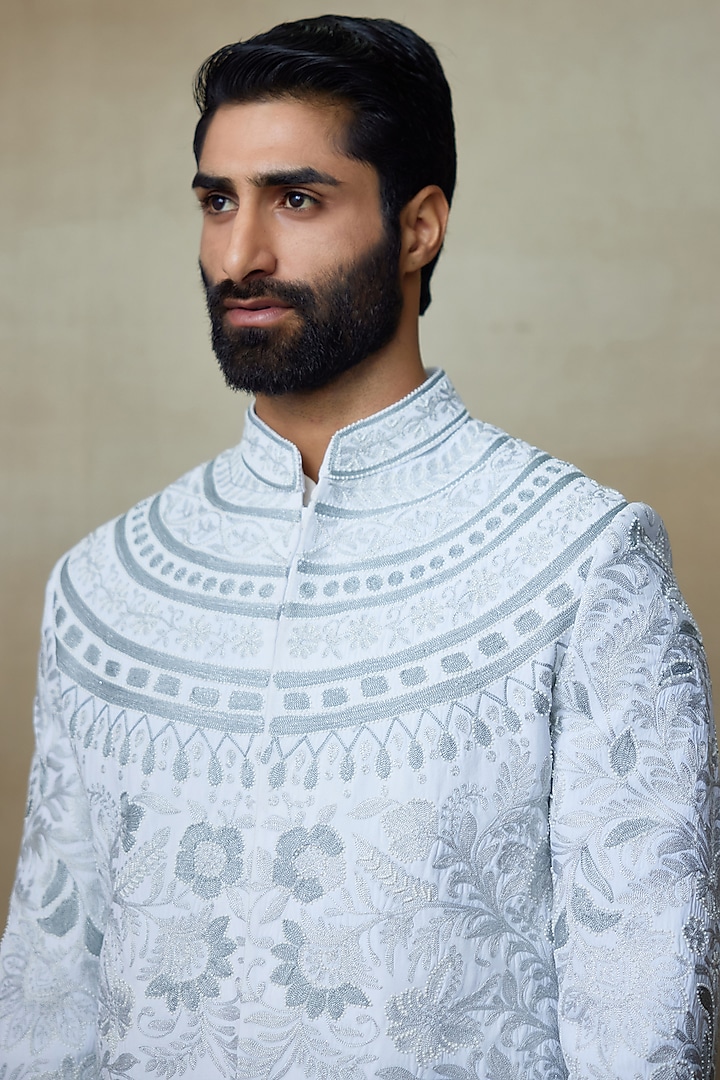 Icy Blue SIlk Printed & Embroidered Groom Sherwani by SHASHA GABA MEN at Pernia's Pop Up Shop