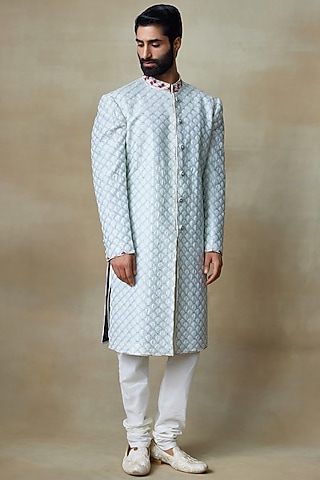Mint Silk Printed & Embroidered Sherwani by SHASHA GABA MEN