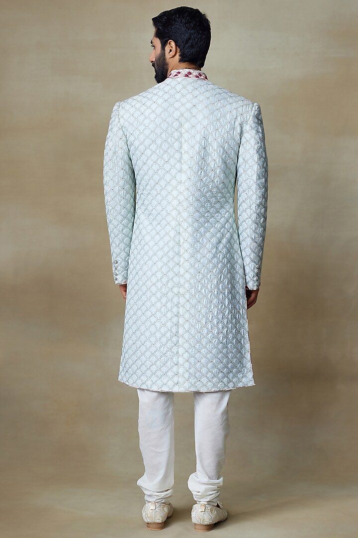 Mint Silk Printed & Embroidered Groom Sherwani by SHASHA GABA MEN at Pernia's Pop Up Shop